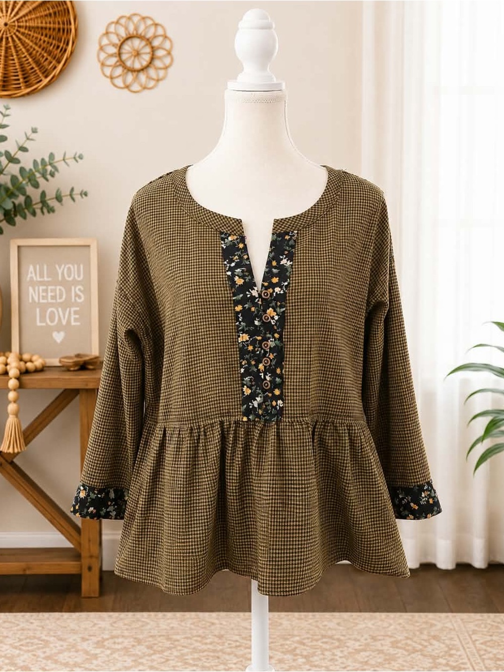 Hem & Thread Olive Plaid Peplum Tunic with Black Floral Trim
